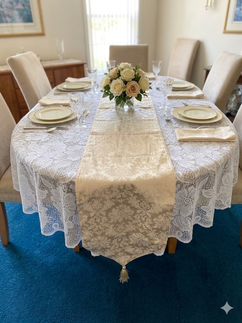 Damask Table Runner with Tassels – Classic Elegant Pattern Home Decor